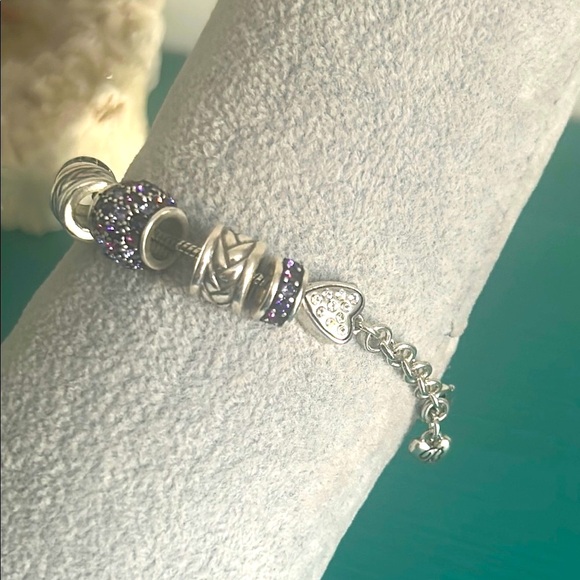 Brighton Silver Slide Bead Amethyst Purple Crystal Engraved Charm Bracelet - Picture 3 of 10